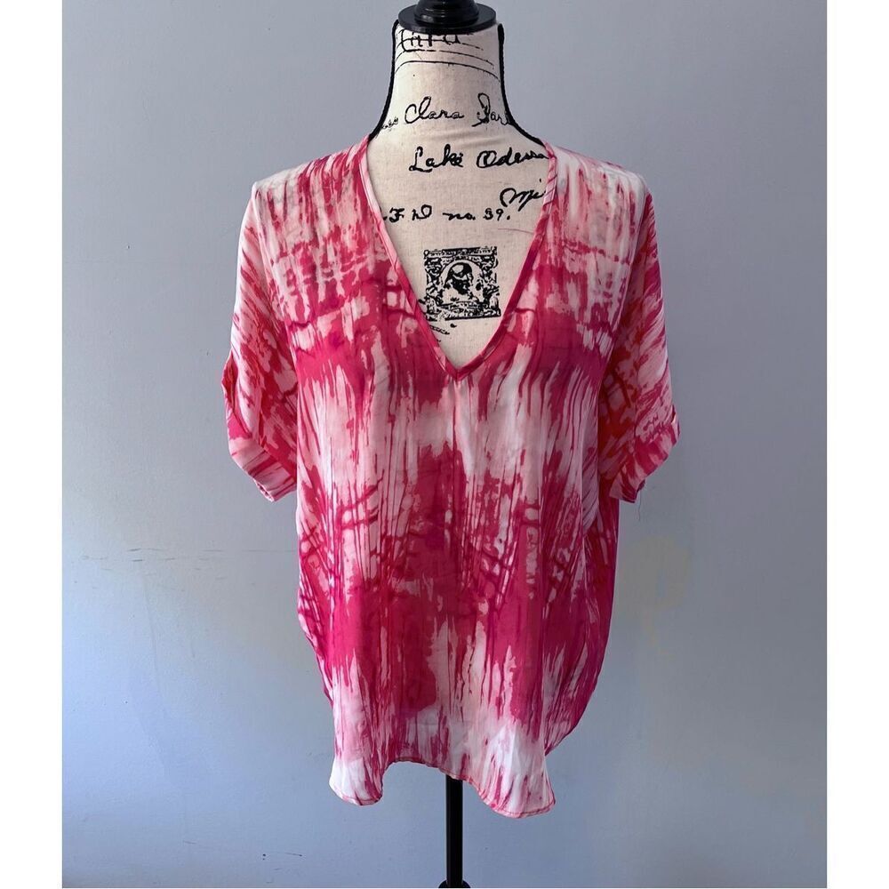 Dina Be Women’s L Vibrant Pink & White Tie Dye V-Neck Top